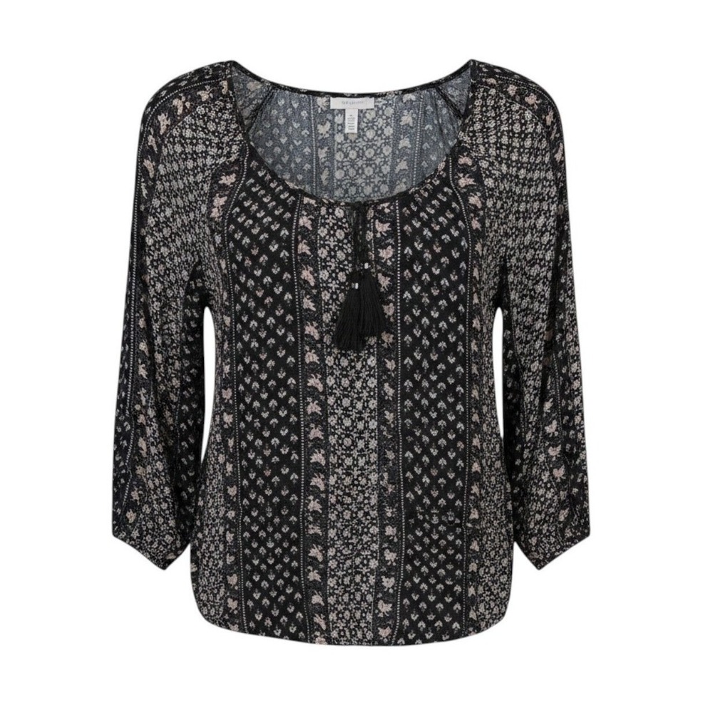 American Eagle Floral Boho Tassel Blouse Relaxed‎ Fit Black Pink Festival Small